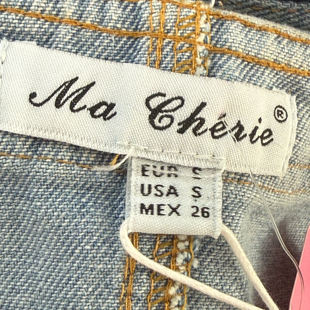 Ma Cherie Light Wash Denim Jacket with Gold Crest Buttons Chic Military Style - Picture 3 of 15